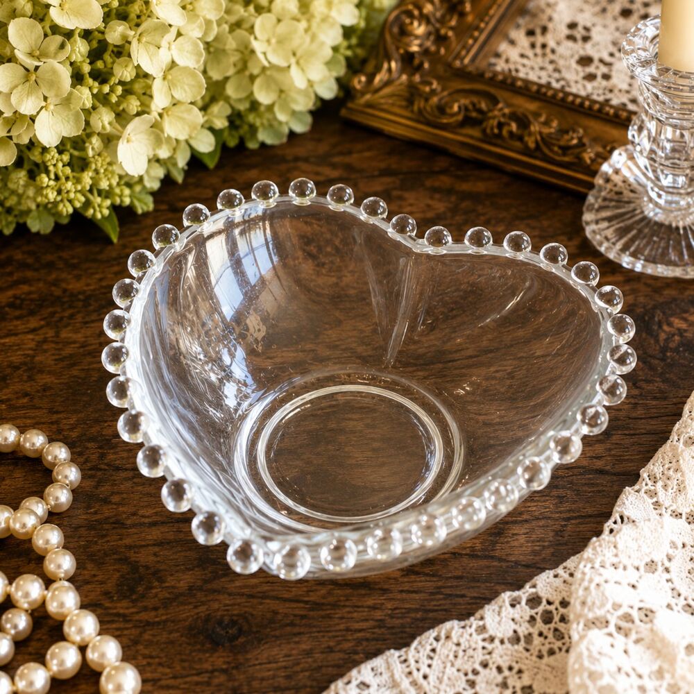 Vintage Imperial Glass Candlewick Heart Shaped Bowl Clear Beaded Edge Candy Dish